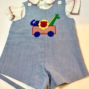 Vintage Baby Boy Blue White Seersucker Romper & Shirt Wagon Applique 12mo